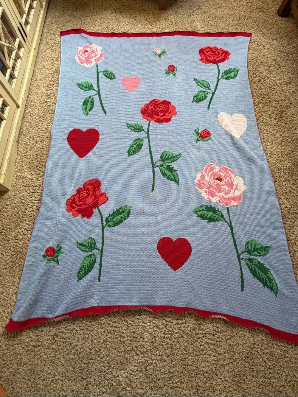 Anthropologie cotton sweater knit throw blanket blue Red Hearts Pink Roses